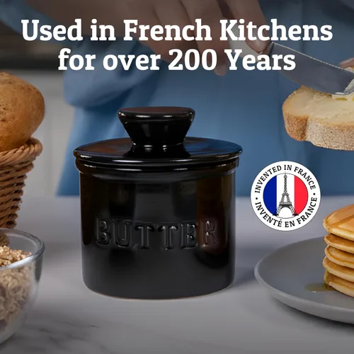 Vista 7 de PriorityChef - Mantequera con tapa con línea de agua, plato de mantequilla francesa de cerámica para dejar en la encimera, color negro