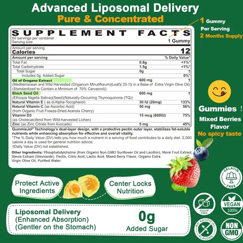 Vista 2 de Aceite de orégano con gomitas rellenas de aceite de semilla negra - Suministro de 2 meses - Alternativa de cápsulas de aceite de orégano, carvacrol