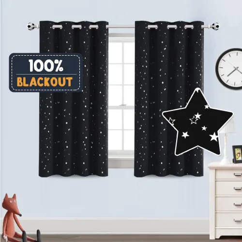Vista 9 de PrinceDeco Cortinas Opacas para Niños para Dormitorio con Aislamiento Térmico Cortinas de Estrellas Centelleantes de Bronce para Niños con Ojales