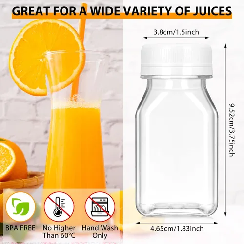 Vista 2 de Gerrii 50 botellas de plástico para jugo de 4 onzas líquidas con tapa, contenedor transparente reutilizable para bebidas, apto para congelador, a