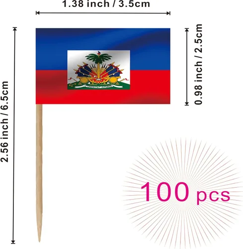 Vista 2 de Bandera de palillo de dientes de Haití, nacional haitiano, pequeño, para cupcakes de frutas, decoración de palitos de alimentos, paquete de 100