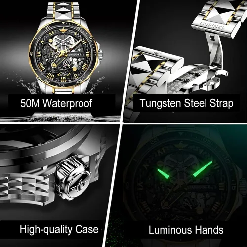 Vista 5 de OLEVS Luxury Automatic Self-Wind Watches for Men, Large Face Tungsten Steel Men's Mechanical Watch with Two Tone Band, 50M Waterproof, Sapphire