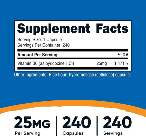 Vista 2 de Nutricost Vitamina B6 (Piridoxina HCl) 25 mg, 240 Cápsulas - Sin OMG, sin gluten y apta para vegetarianos