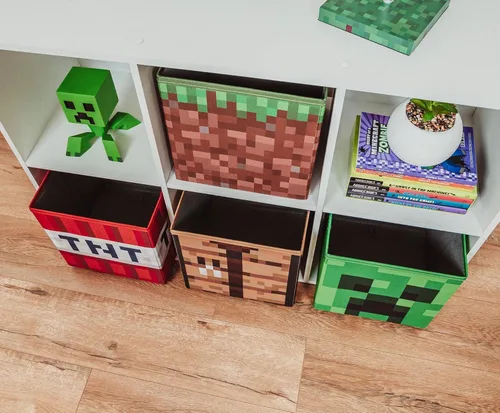 Vista 5 de Minecraft - Juego de 4 contenedores de almacenamiento de 10 pulgadas, incluye Creeper, TNT, Césped, Mesa de Crafteo, contenedor de cesta de tela