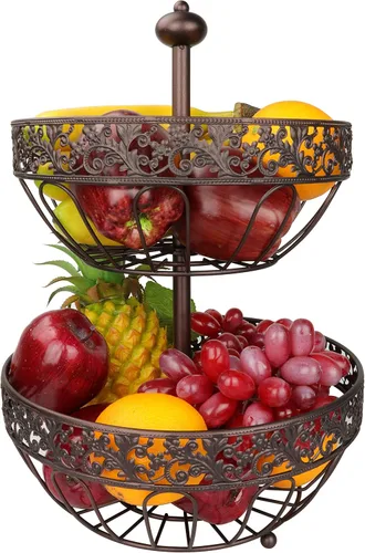 ROSYLINE Cesta de frutas de 2 niveles, frutero, cocina multiusos y sala de estar, cesta de frutas y verduras (oro bronce)