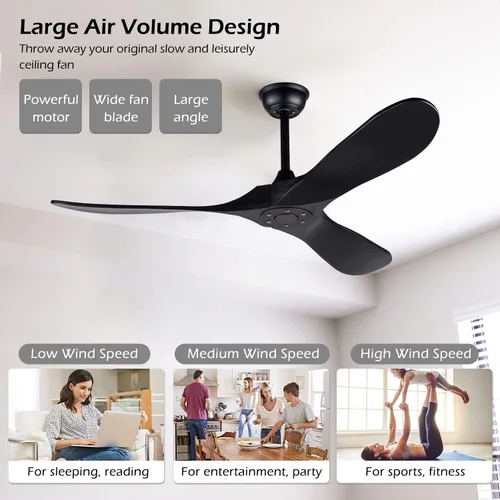Vista 3 de Ventilador de techo negro de 52 pulgadas, sin luz, ventiladores de techo de madera para exteriores, para patios, 3 aspas, ventilador de techo