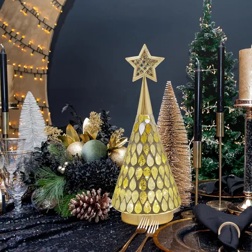 Vista 3 de Árbol de Navidad dorado de vidrio con mosaico con estrella, 2 árboles de Navidad pequeños de mesa con luz, árbol de Navidad a pilas para decoración