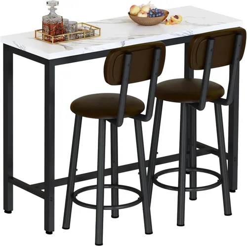 Vista 9 de AWQM Juego de 2 mesas de bar, mesa de bar industrial y sillas, juego de 2, mesa de barra de 3 piezas con 2 taburetes de respaldo, mesa de cocina
