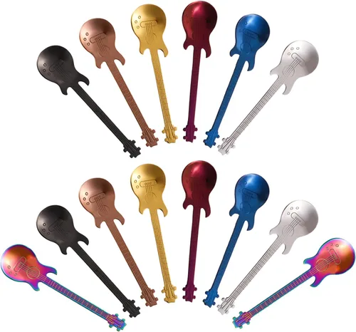 Vista 3 de DEAYOU 14 cucharas de café para guitarra, cuchara pequeña de acero inoxidable 18/10, cucharas creativas de café Demitasse de 4.7 pulgadas