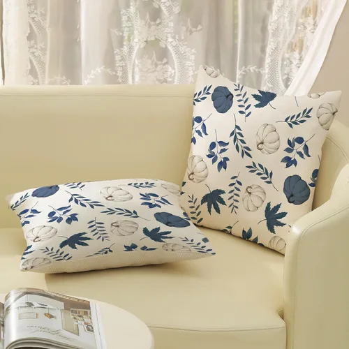 Vista 4 de Fundas de almohada de otoño de 16 x 16 pulgadas, juego de 2 fundas de almohada de hojas de arce de calabaza azul marino para decoración del hogar