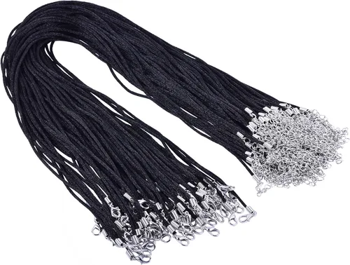 KONMAY 50 unidades de cordón de seda de satén negro de 0.079 in/18 pulgadas con cadena de extensión de 2 pulgadas sin plomo y níquel