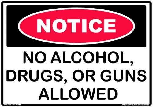 Aviso No se permiten alcohol, drogas o armas en el lugar de trabajo escolar, aeropuerto, advertencia en negro, rojo, blanco, etiqueta adhesiva
