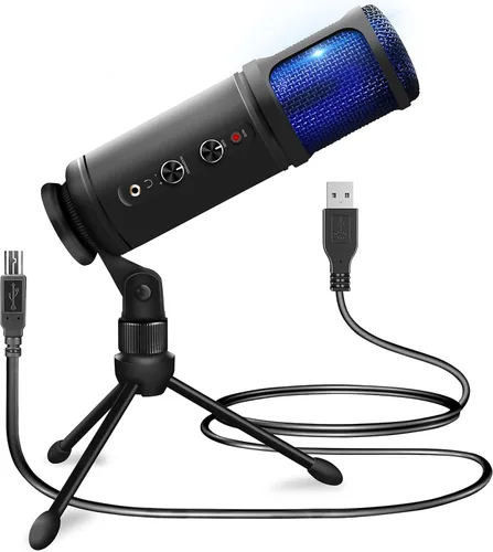 JOVIAL Pyle - Micrófono de condensador de grabación USB para PC, micrófono de escritorio portátil de condensador de audio profesional, LED azul,