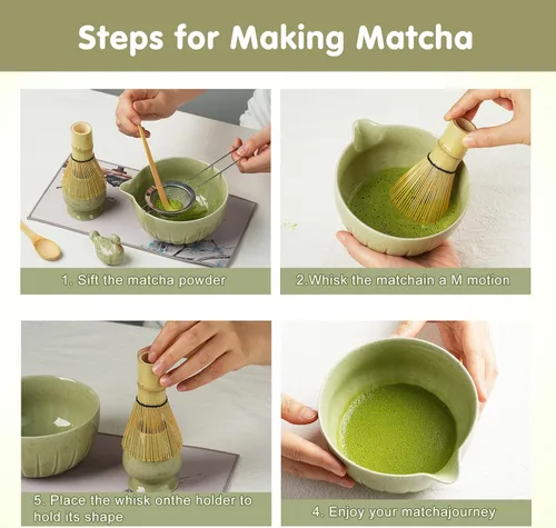 Vista 2 de Juego de Batidor de Matcha - 5 Piezas Kit de Matcha para Ceremonia, Cuenco de Cerámica para Matcha con Pico, Batidor de Bambú (Chasen) con Soporte