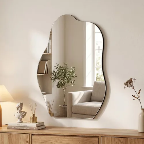 HARRITPURE Espejo de baño irregular de 22 x 32 pulgadas, espejo de pared moderno negro con marco de madera, espejos decorativos asimétricos para