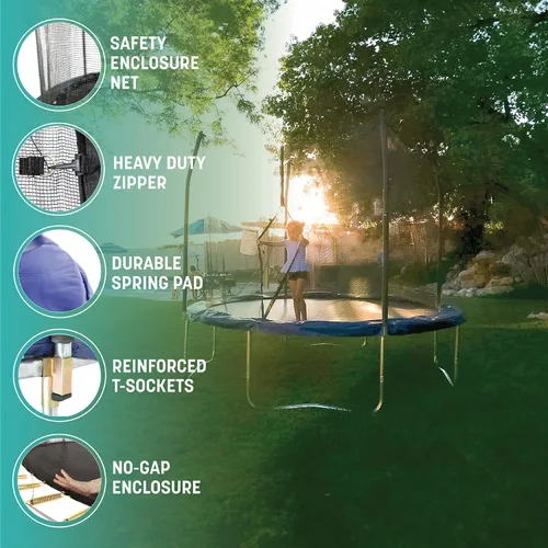 Vista 4 de Skywalker Trampolines Cama elástica al aire libre de 8 pies, 12 pies, 15 pies Jump N’ Dunk redonda con red, colchón de trampoline y aro