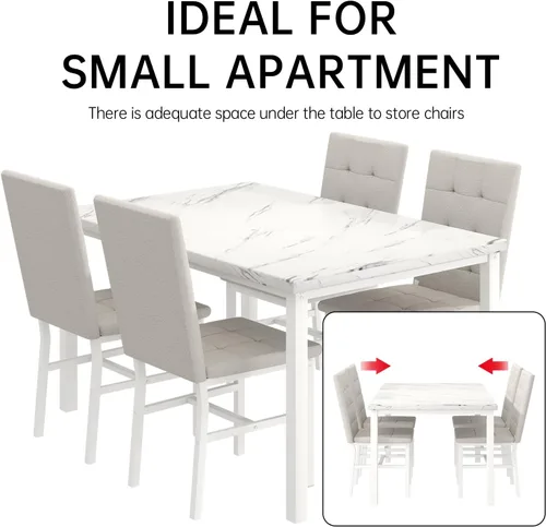 Vista 7 de Hooseng Juego de mesa de comedor de 5 piezas, juego de mesa de comedor de mármol, 4 sillas, juego de mesa de comedor para cocina, sala de estar