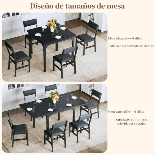 Vista 2 de Juego de mesa de comedor de 7 piezas para 4-6, sillas extensibles para mesa de cocina, juego de 6 con 6 sillas, mesa de comedor rectangular