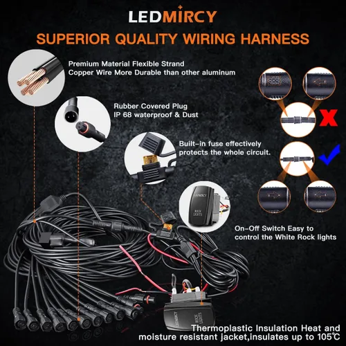 Vista 5 de LEDMIRCY R2 - Kit de luces de roca blanca pura con interruptor Roker, arnés de cable, 12 luces LED de roca blancas para todoterreno, camión, ATV