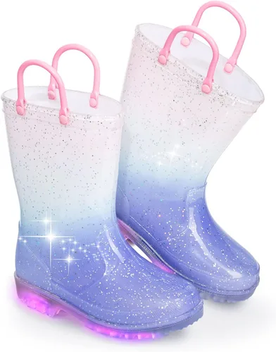 EUXTERPA Toddler Kids Glitter Light Up Waterproof Rain Boots for Girls Sparkle Rainbow Rain Shoes with Easy On Handles