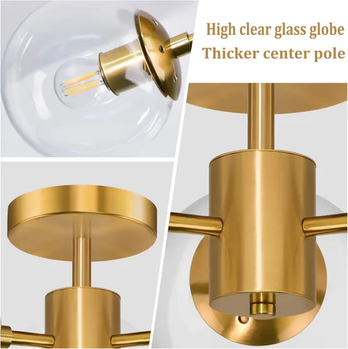 Vista 6 de Lámpara de araña de 3 luces de vidrio de globo transparente de estilo mitad de siglo de 19 pulgadas de latón moderno montaje semiempotrado lámparas