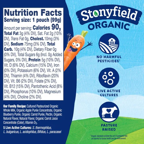 Vista 2 de Stonyfield Farm, bolsa de yogur arándano, manzana, zanahoria orgánica, 3.5 onzas