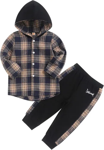 Fuermos Ropa para niños pequeños, conjunto de camisa de botones de franela con malla y capucha + pantalones para niños, conjuntos de otoño e invierno