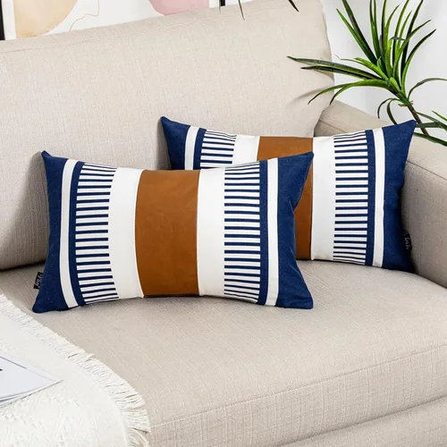 Vista 37 de Fundas de almohada lumbar a rayas bohemias de 12 x 20 pulgadas, funda de almohada de cuero moderna para sofá, decoración del hogar rural, color Negro