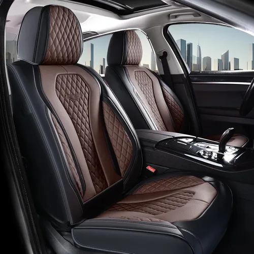 Vista 21 de Coverado - Fundas para asientos de auto, de cuero para asientos delanteros, fundas beige impermeables, cojín de asiento, protector de asiento