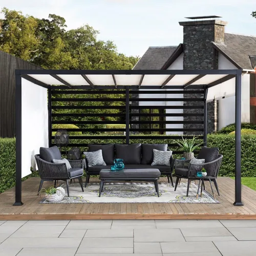 Vista 2 de SUNJOY Pérgola al aire libre de 10 x 12 pies, pérgolas de acero con pantalla ajustable blanca y pantalla de privacidad para patio trasero