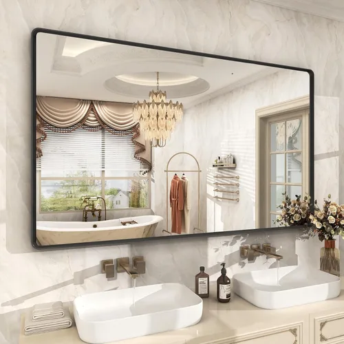 Vista 20 de OKPAL Espejo de Baño con Marco de Metal Negro de 40 x 36 Pulgadas para Pared, Espejo de Tocador de Baño Negro Mate, Espejo Rectangular Redondeado