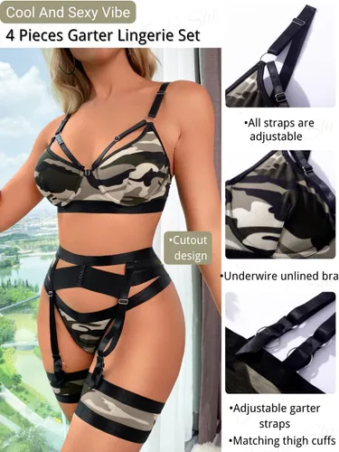 Vista 2 de Lenceria con liguero para mujer, conjunto de encaje traslúcido y sexy de 4piezas