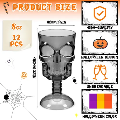 Vista 2 de Bokon Juego de 12 copas de Halloween, copas de calavera, decoración de mesa gótica, copa de vino de plástico, suministros para fiesta de Halloween