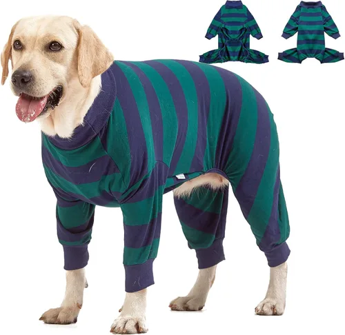 LovinPet Pijama grande para perro, mameluco ligero y elástico para perro, pijama para mascotas, camisa de perro con estampado de rayas verdes y