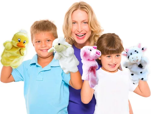 Vista 8 de RIY Marionetas de mano para niños, marionetas educativas de animales de granja (pato, vaca, oveja, cerdo, perro, conejo)