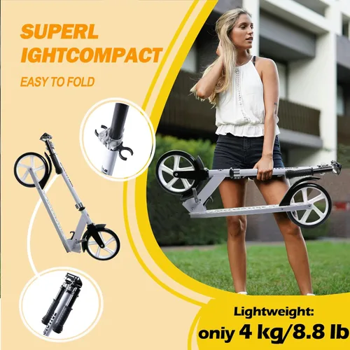 Vista 3 de Kick Scooter for Kids Ages 6+, Teens & Adults, Adjustable Handlebars, Rear Brake, Big Wheel Foldable Scooter for Indoor & Outdoor Blanco