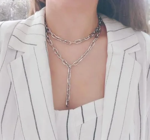 Vista 4 de Silver Link Chain Paperclip Lariat Necklace Double Layer Stainless Steel