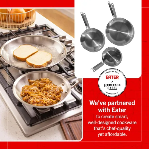 Vista 2 de Heritage Steel Eater Series - Juego de 3 sartenes para freír Fabricado en Estados Unidos Sartén de acero inoxidable de 5 capas totalmente