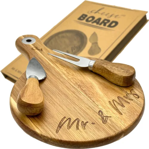 Mr & Mrs Regalo de Boda Pequeño Tablero de Queso de Madera de Acacia Para Embutidos. Grabado con Láser Presente En una Caja Como Libro Para Parejas