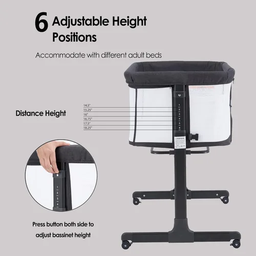 Vista 7 de QUTANIX Moisés para bebé con ruedas, fácil de plegar y ligera, de malla transpirable y altura ajustable, color gris