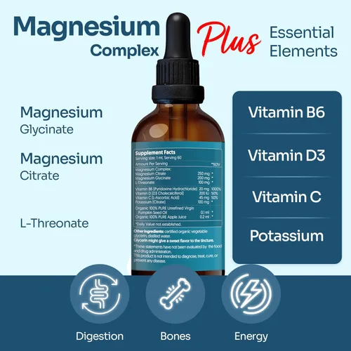 Vista 3 de Magnesium Complex Plus Gotas líquidas de 2 onzas líquidas – Citrato de magnesio avanzado, glicinato, L-treonato con vitaminas B6, D, C suplemento
