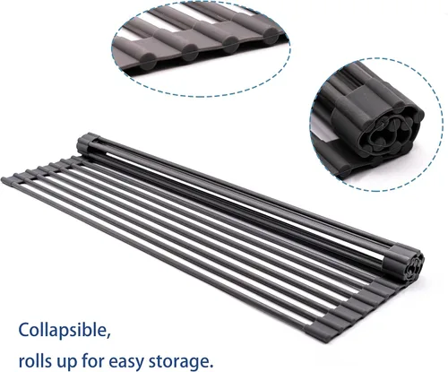 Vista 6 de Bigdata&BetterLife Escurridor de platos enrollable, simple y grande, ahorro de espacio, para cocina, plegable, recubierto de silicona, de acero Negro