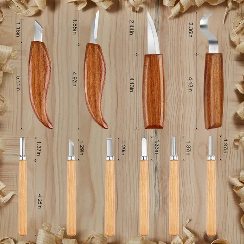 Vista 2 de Kit de tallado de madera 26 en 1 con detalle cuchillo de tallado de madera, cuchillo de tallar, cuchillo de cincel de madera, guantes, afilador