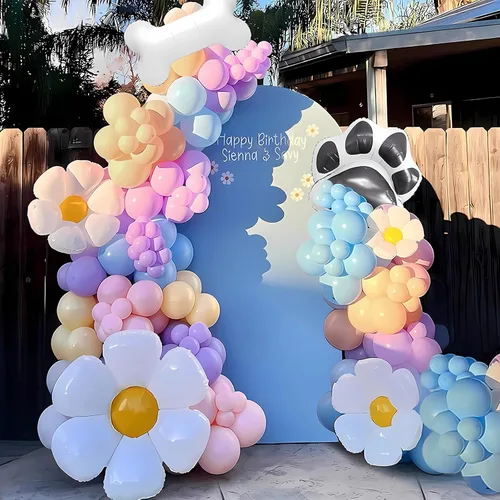 Kit de arco de globos azules 140 piezas azul pastel rosa morado rubor globos con margarita hueso pata de perro globos de papel de aluminio para