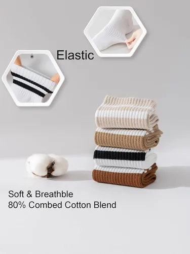 Vista 4 de YUWELL Calcetines crew a rayas para mujer, calcetines casuales de algodón cómodos para mujer, 4 pares, talla 5-10