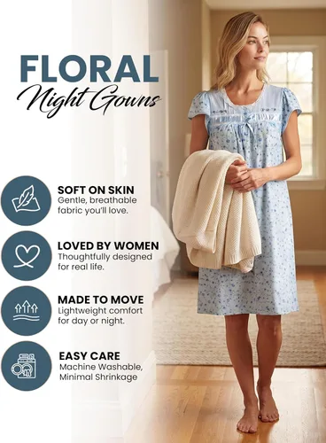 Vista 2 de Casual Nights Camisón de manga larga para mujer, diseño floral. Azul