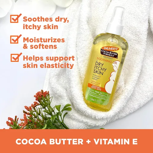 Vista 2 de Palmer's Cocoa Butter Formula - Aceite calmante con vitamina E, alivio para la piel seca y con picazón, aceite corporal antipicazón, 5.1 onzas
