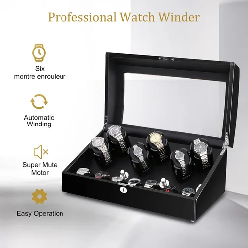 Vista 9 de Watch Winder, 6 Watch Winder Box with 7 Extra Storage, Black Wooden Shell, Watch Winder Display Case with Quiet Motor and Flexible Watch Pillows