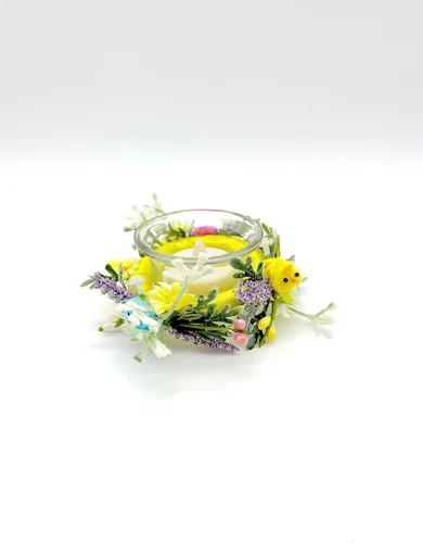 Vista 4 de Easter Floral and Yellow, Pink and Blue Chicks Candle Holder for Easter and Spring Table Decorations on Glass Candle Holder Glass Base - Set of 2