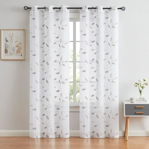 Vista 20 de Bujasso - Cortinas de hojas transparentes de 63 pulgadas, bordadas con flores, estilo granja, cortinas con filtro de luz para ventana, patrón Dorado